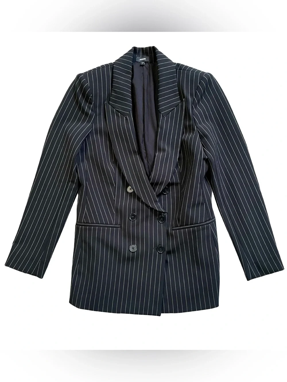 Express Editor Black Pinstripe Double-Breasted Blazer + Pants Suit Set - Picture 3 of 10